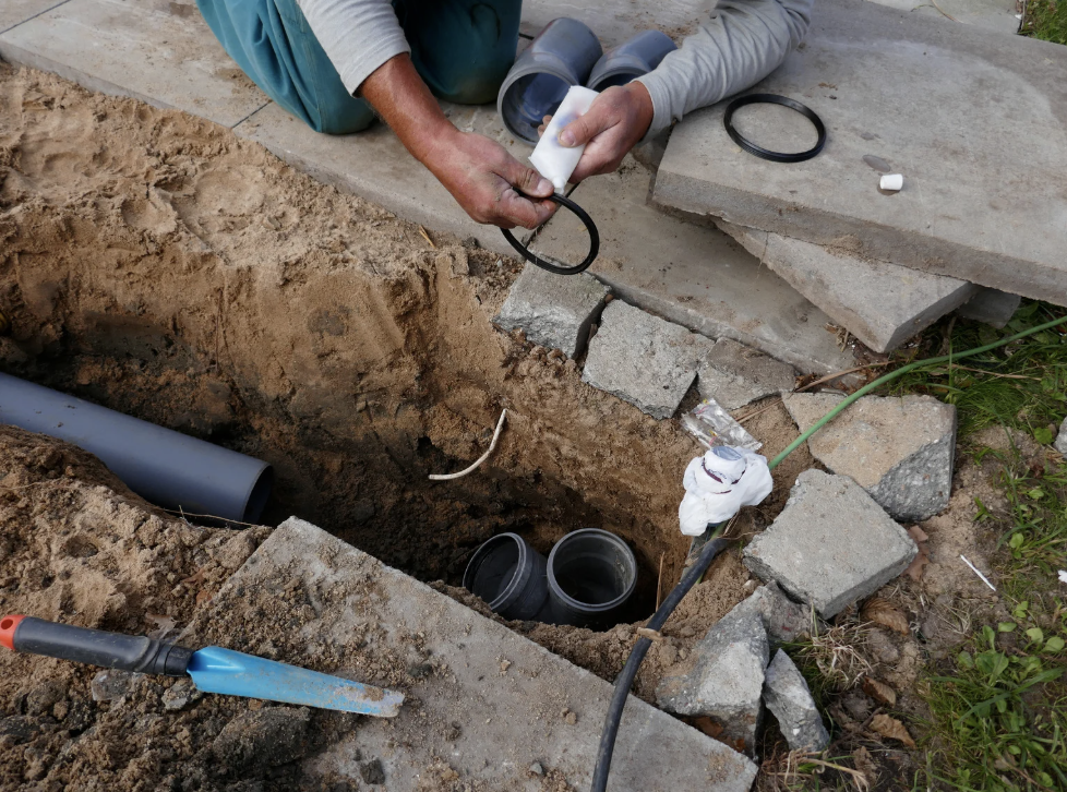 dirt trench showing sewer lines and pipes